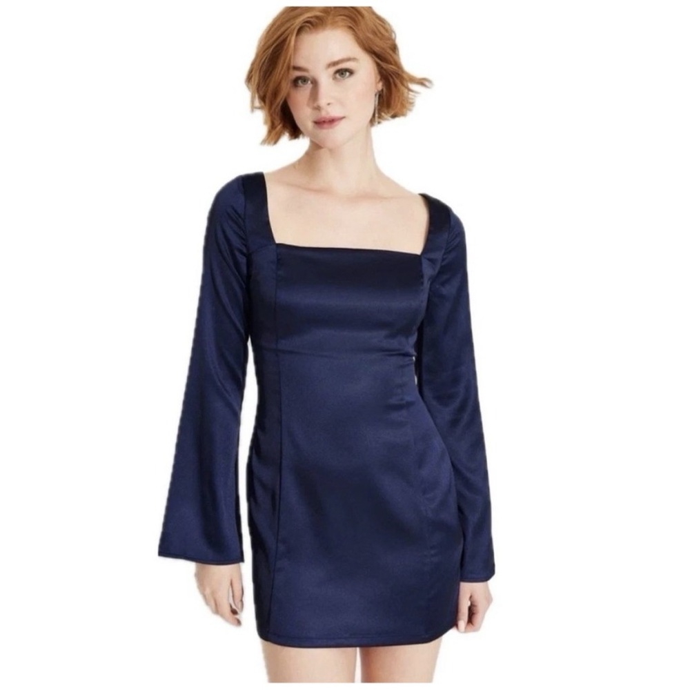 Navy Satin Bell Sleeve Mini Dress